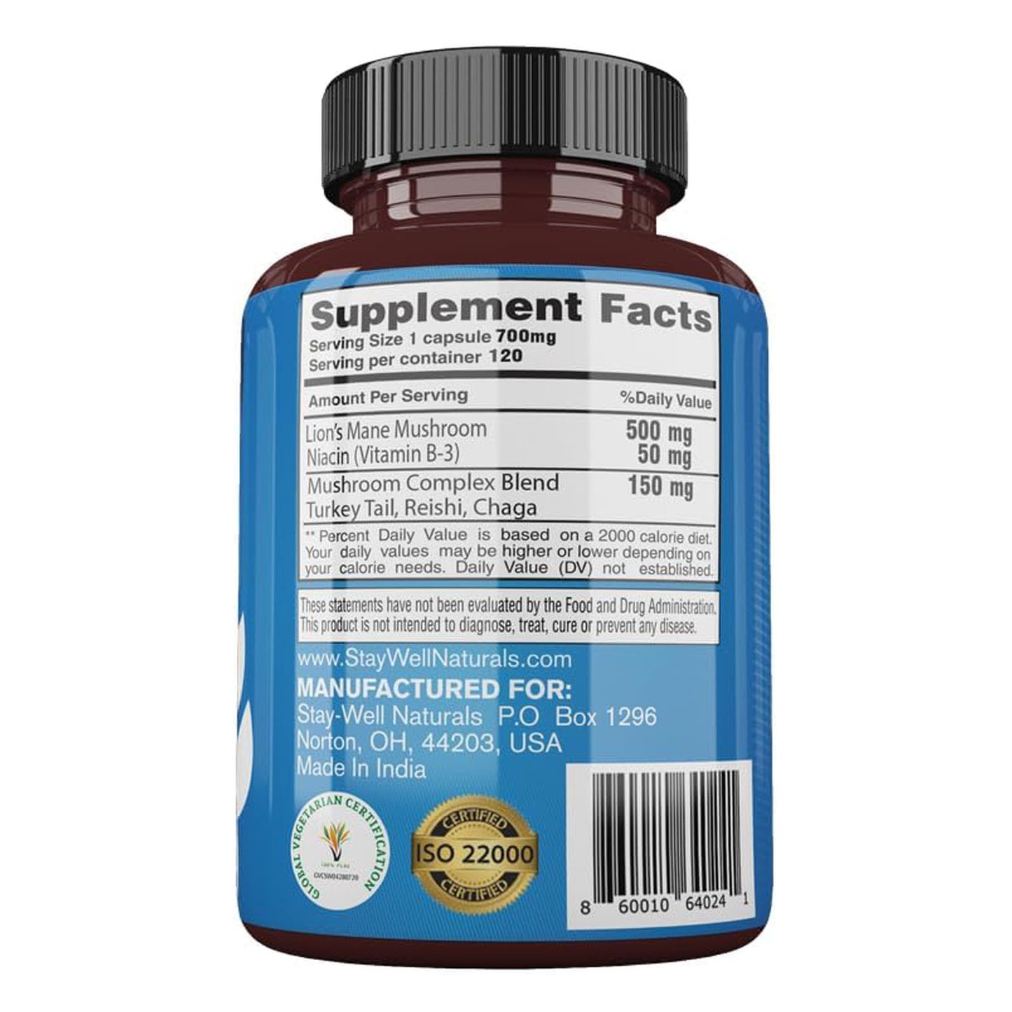 Lion's Mane Mushroom Supplement Capsules with Niacin