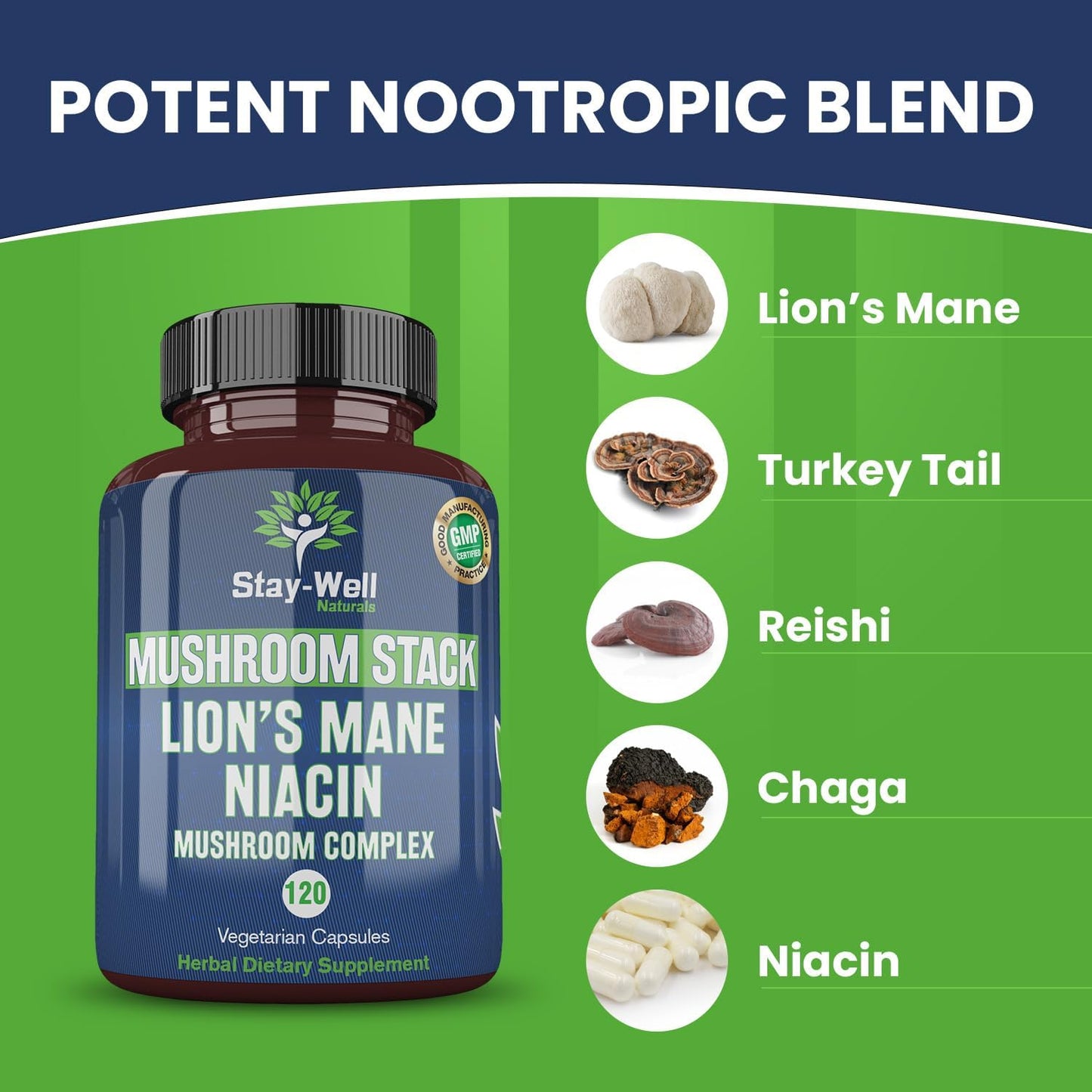 Lion's Mane Mushroom Supplement Capsules with Niacin