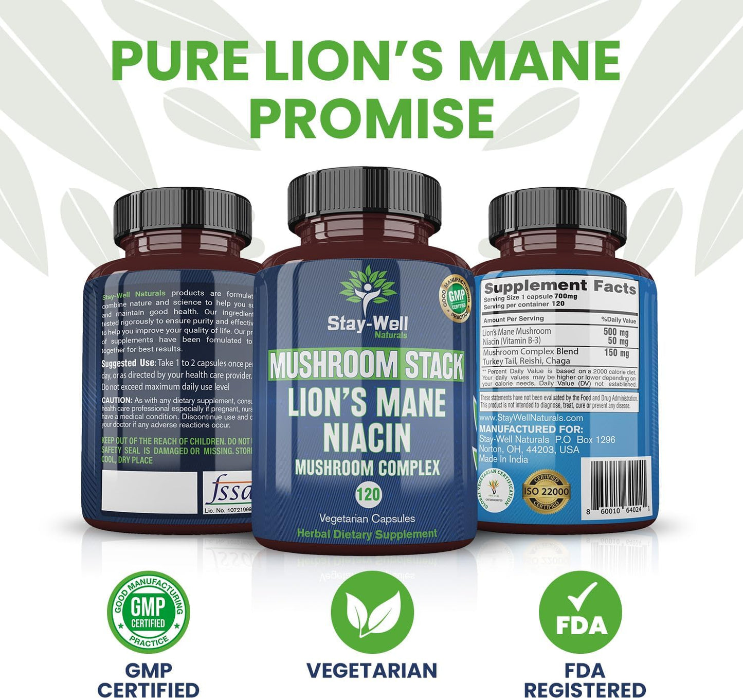 Lion's Mane Mushroom Supplement Capsules with Niacin